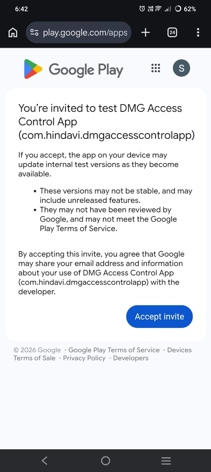 Google Play internal tester join page