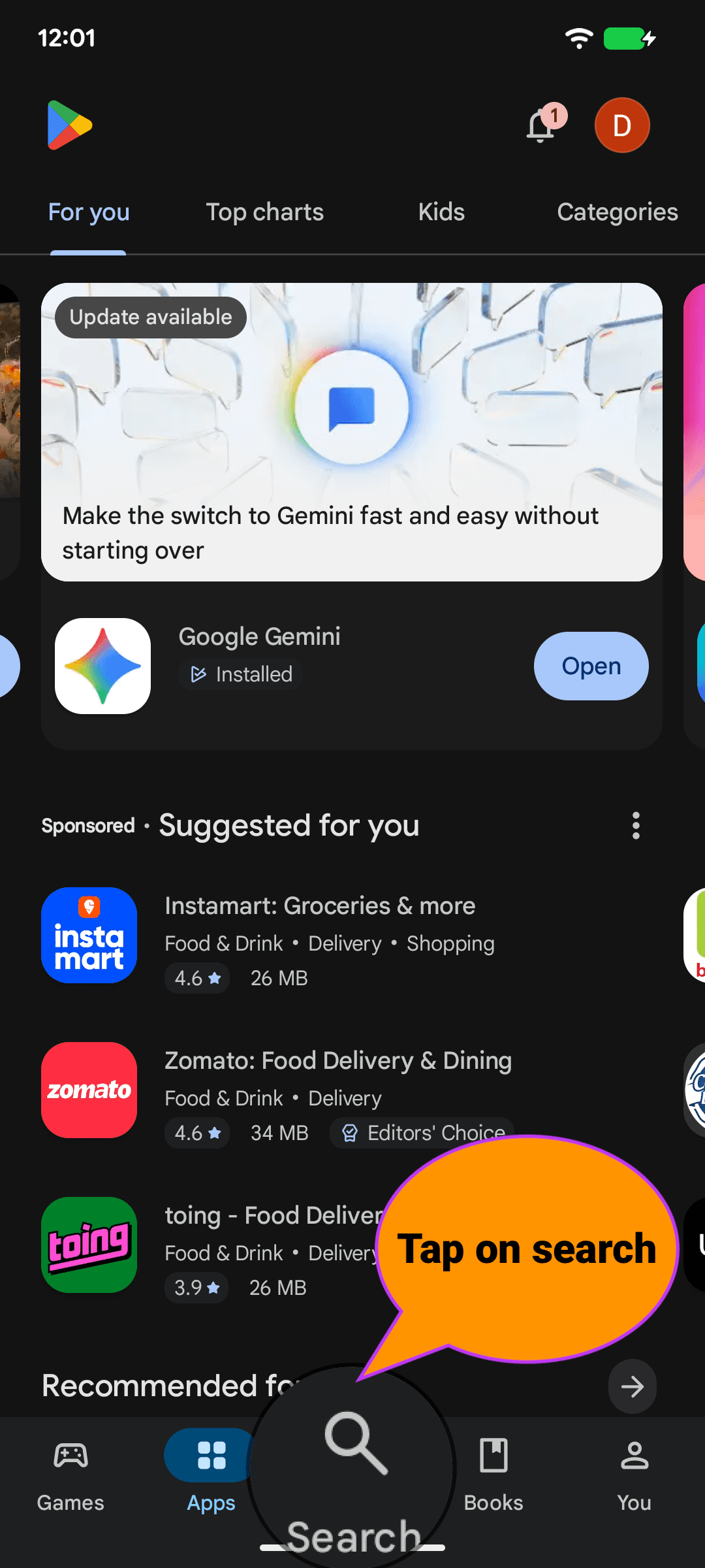 Play Store home page with search highlighted